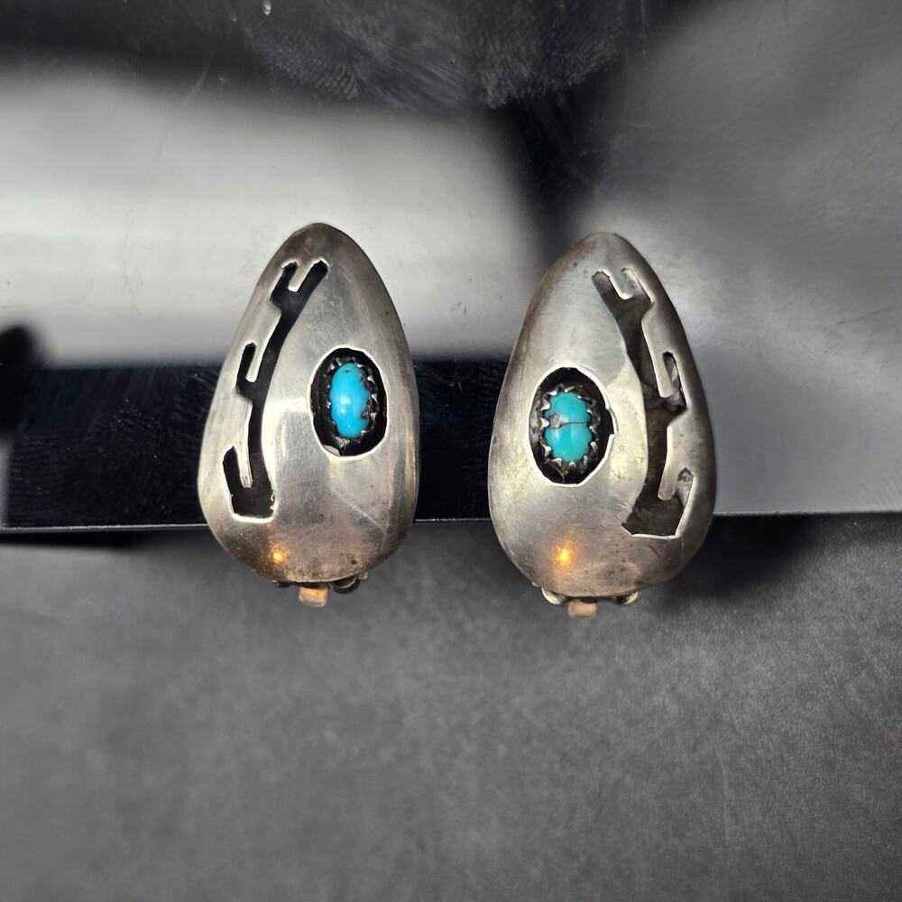 Vintage Sterling Silver Turquoise Clip On Earrings Tear Drop - Picture 6 of 8
